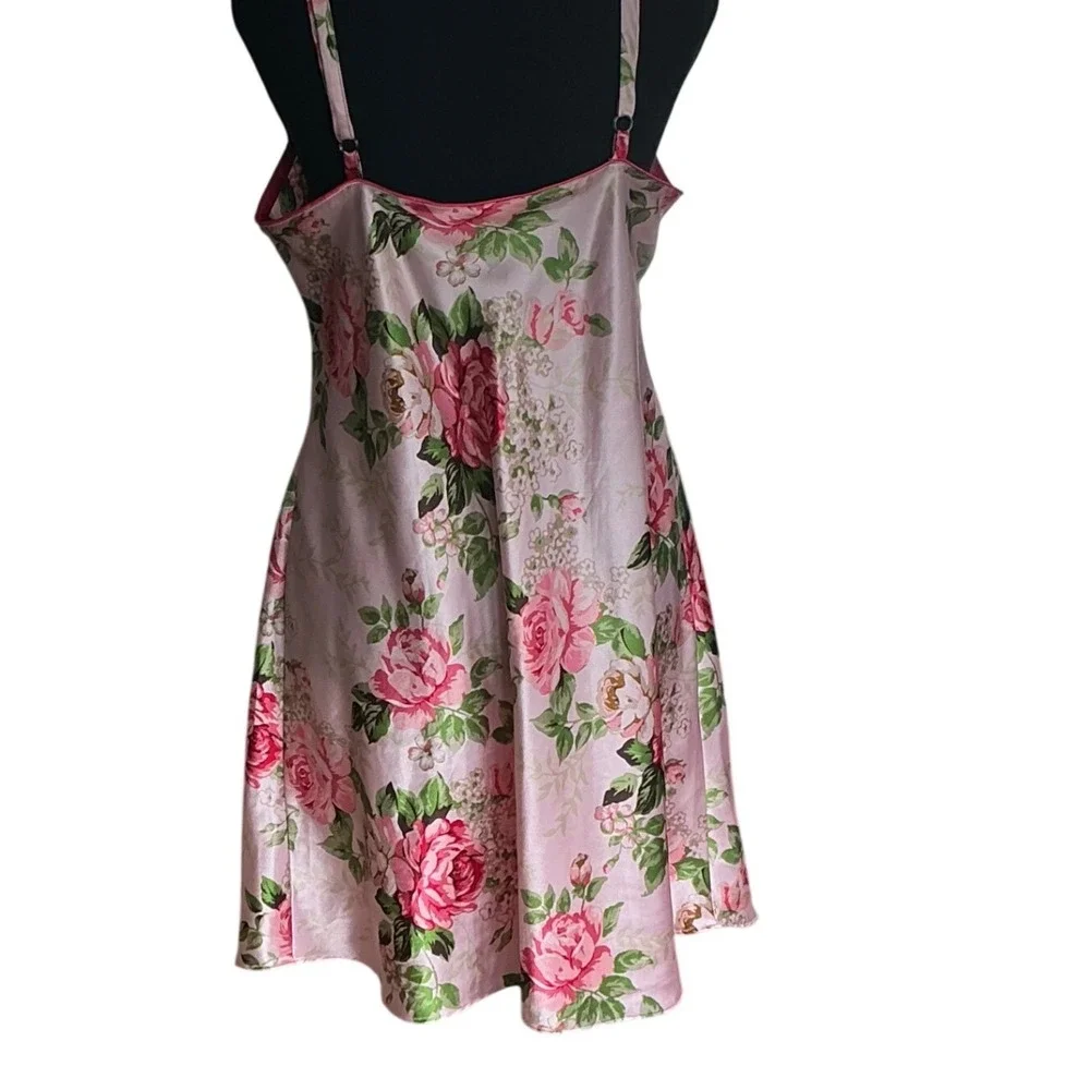 Adonna‎ Vintage Pink Floral Satin Coquette Slip Dress Adjustable Straps Large